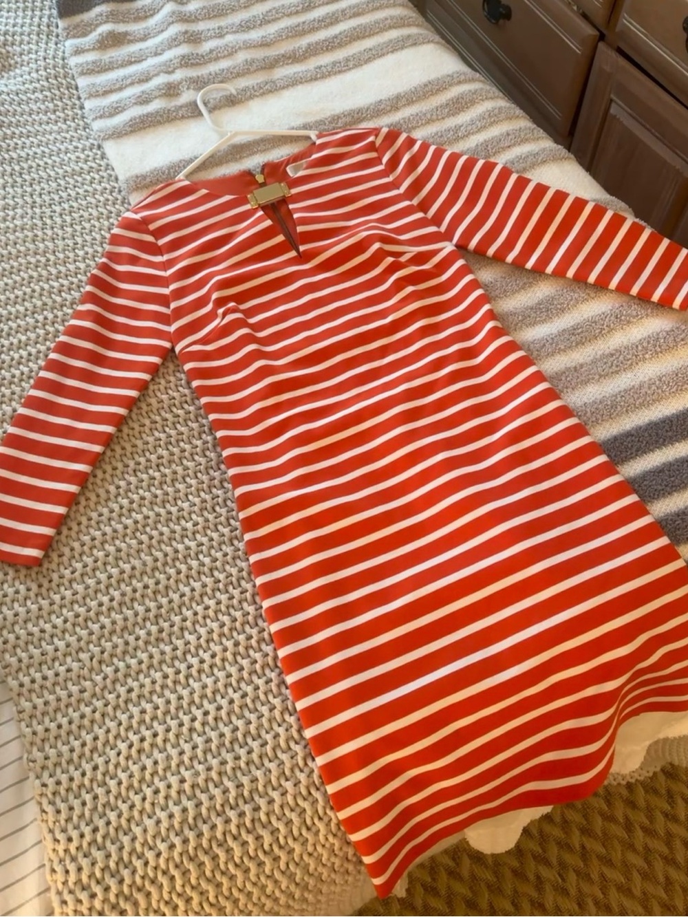 Michael Kors Orange and White Striped Dress with Gold Hardware